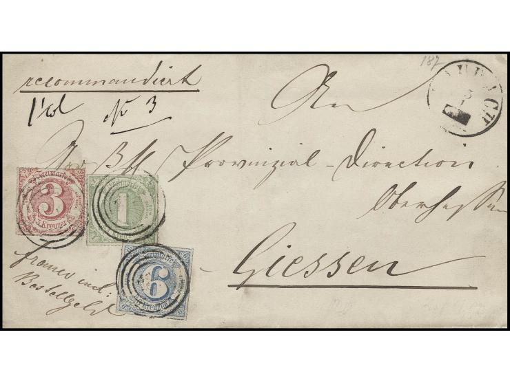 3 Kr. karmin in Mischfrankatur mit 1866, farbig durchstochen 1 Kr. grün (oben Scherentrennung) und 6 Kr. blau mit Nr. "130" a