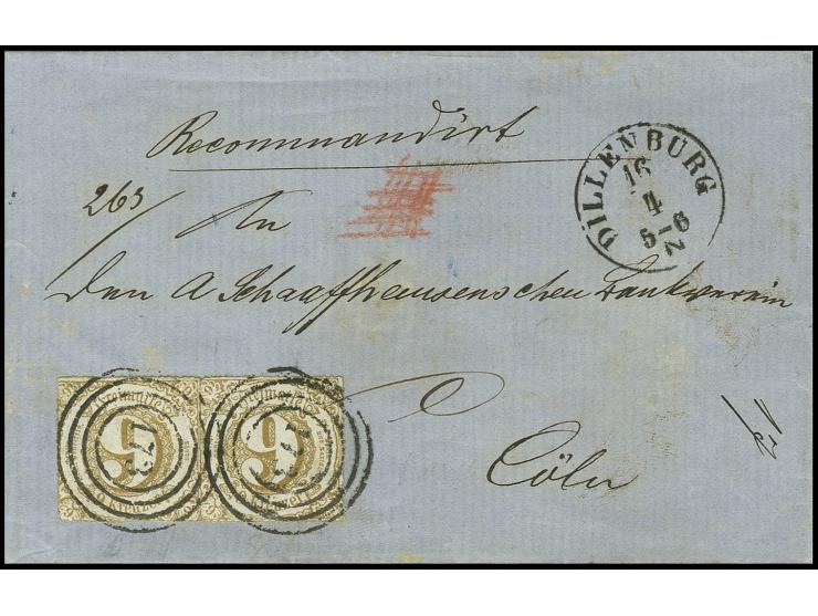 9 Kr. ockerbraun, zwei Einzelmarken mit Nummernstempel "173" und nebengesetztem EKr. "DILLENBURG 16 4" auf eingeschriebener F