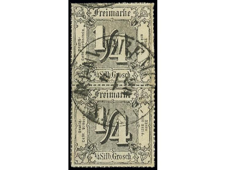 1866, farbig durchstochen: ¼ Sgr. schwarz im senkrechten Paar, farbfrisch und tadellos durchstochen mit klarem EKr. "BREMEN T