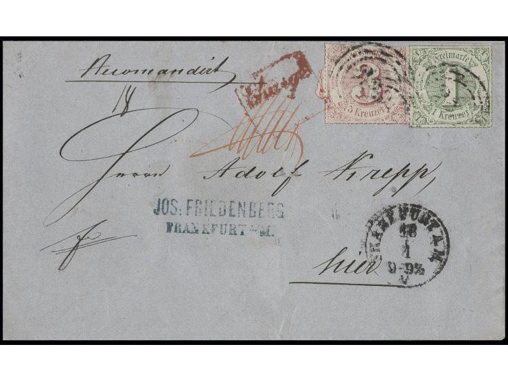 1 Kr. grün und 3 Kr. karminrot mit zartem Dreiringstempel "220" und nebengesetztem Ekr. "FRANKFURT A.M. 18.1" (1867), auf ein