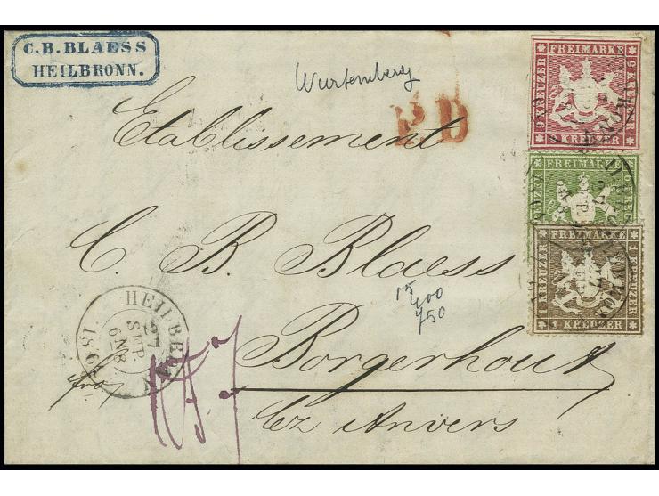 9 Kr. karmin, rechts leicht berührt, in Mischfrankatur mit 1861, 1 Kr. braun und 6 Kr. grün, beide sehr gut gezähnt, alle Wer