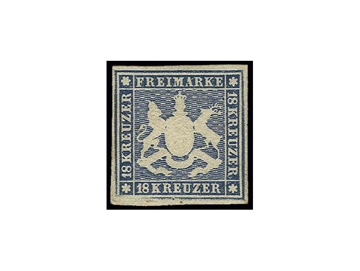 18 Kr. blau, farbfrisch und allseits voll-bis breitrandig, ungebraucht mit großen Teilen des Originalgummis (teils etwas verl