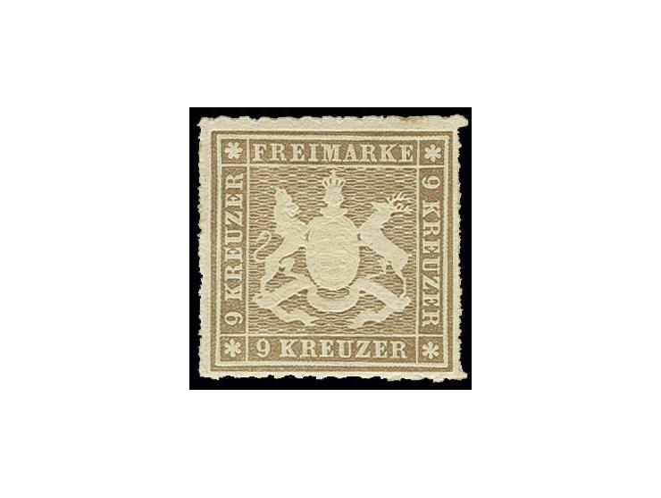 9 Kr. fahlbraun, farbfrisch und allseits tadellos durchstochen mit sehr schöner Wappenprägung, ungebraucht mit Originalgummi,