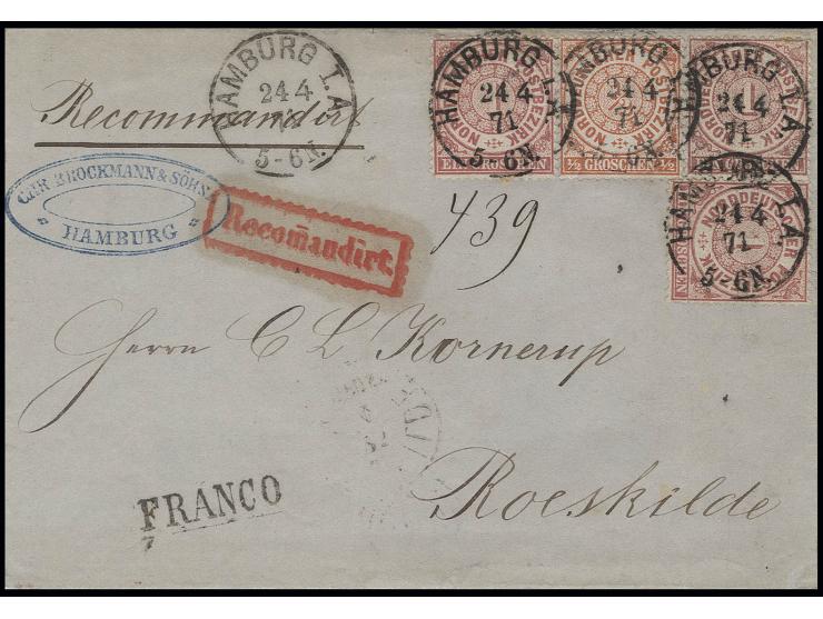 ½ Gr. orange und 1 Gr. rötlichkarmin (3) mit EKr. "HAMBURG I. A. 24 4 71" auf eingeschriebenem Faltbrief nach Roeskilde, selt