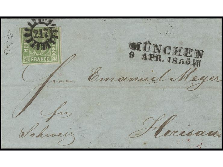9 Kreuzer gelbgrün, oben minimal berührt, sonst voll- bis breitrandig mit gMR "217" auf Briefhülle von "MÜNCHEN 9 APR. 1853" 