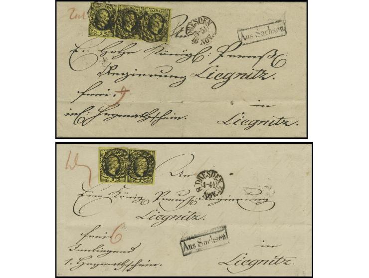 3 Neugroschen auf gelb, 3 bzw. 2 Einzelwerte, soweit sichtbar alle voll- bis breitrandig und farbfrisch mit Vollgitterstempel