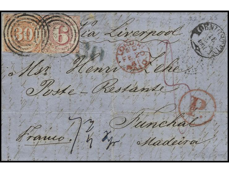 MADEIRA: 1859/61, 30 Kreuzer orange und 6 Kreuzer rosa auf Faltbrief von "KOENIGSTEIN 18 FEB 1861" über Preußen, Belgien und 