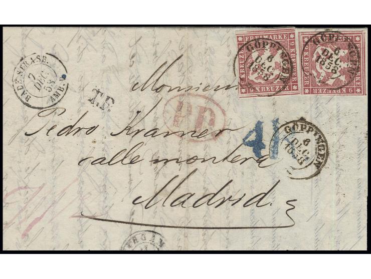 1857, 9 Kreuzer karminrosa, 2 Einzelwerte in ausgabetypischem Schnitt mit DKr. "GÖPPINGEN 6 DEC. 1858" auf Faltbrief nach Mad