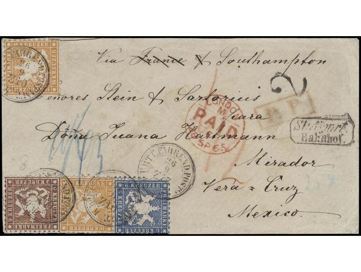 1863, 18 Kreuzer orangegelb, 2 Einzelwerte mit 6 Kreuzer blau und 9 Kreuzer braun (unauffällige kleine Randreparatur) mit DKr