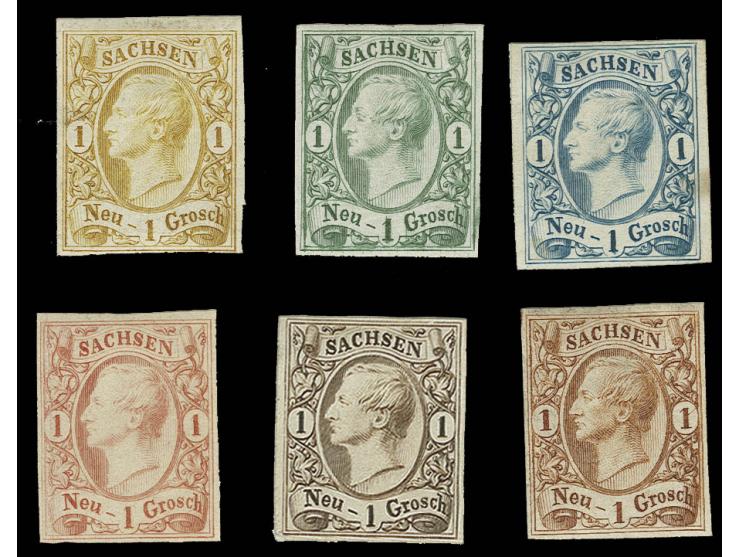 1 Neugroschen, 6 verschiedene Farbproben auf weißem Papier, teils gummiert, 2 Werte bügig, sonst gute Erhaltung