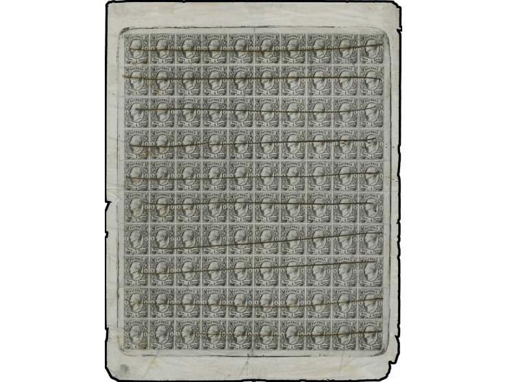 Revisionsabzug ½ Neugroschen schwarz auf grauem, dünnem Papier, vollständiger Bogen von 100 Marken mit breiten Bogenrändern (