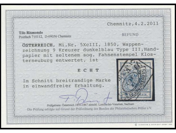 9 Kr. dunkelblau, Type III, allseits breitrandig mit seltenem Fahnenstempel "KLOSTERNEUBURG 17 JUL.", Pracht, Fotobefund Rism