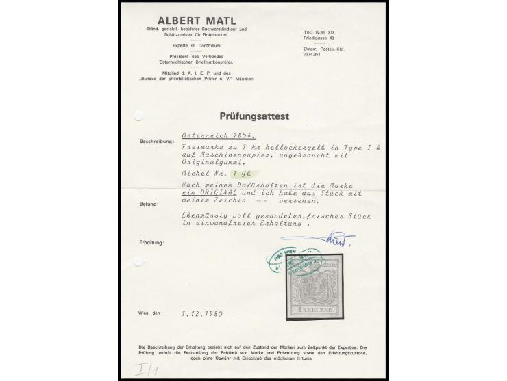 Maschinenpaper: 1 Kr. hellockergelb, Type Ib, farbfrisch und allseits gut gerandet, sauber ungebraucht, Kabinett, sign. Matl 