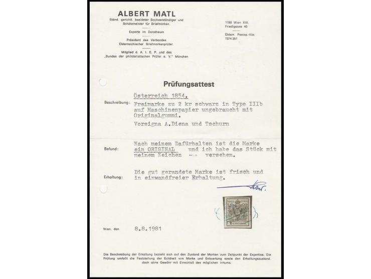 2 Kr. schwarz, Type IIIb, farbfrisch und allseits gut gerandet, ungebraucht, Kabinett, sign. Diena und Fotoattest Matl