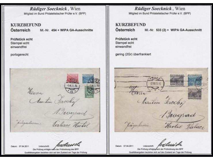 Ganzsachenausschnitte: 1933, WIPA-Ganzsachenausschnitte 12 Gr. (2) und 30 Gr. mit Zufrankatur auf 2 Briefen nach Belgrad, je 