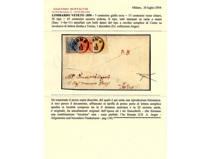 1850, Handpapier: 5 C. gelbocker, 15 C. rot, Type III, und 45 C. blau, Type II, die 45 C. rechts eng-, sonst alle voll- bis m