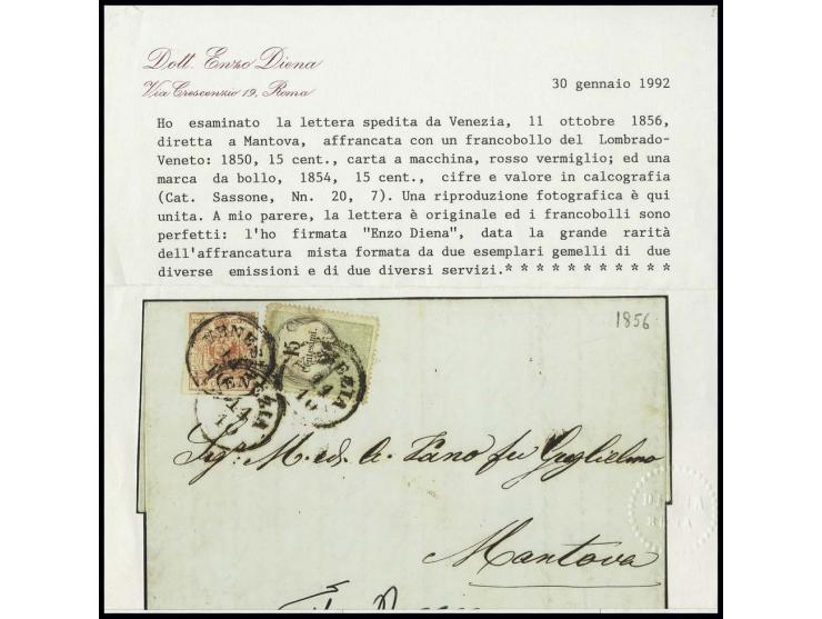 Stichtiefdruck: 15 C. grün/schwarz in Mischfrankatur mit Freimarke 1850, 15 C. rot auf Maschinenpapier mit EKr. "VENETIA 14/1
