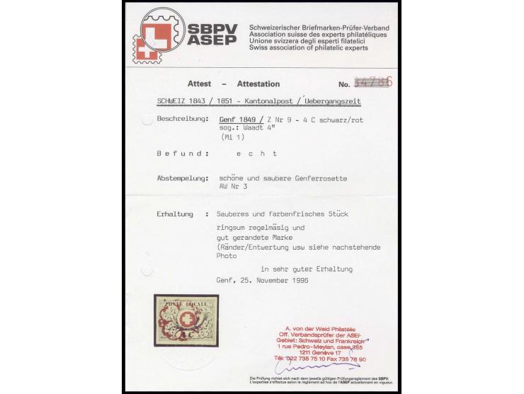 1849, Waadt 4 C. schwarz/rot, sehr schön farbfrisch und allseits breit- bis überrandig, zentrisch leicht aufgesetzte rote Gen