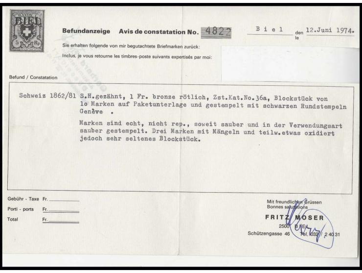 1 F. goldbronze, rotbrauner Unterdruck, waagerechter 10er-Block mit Stempeln "GENEVE 14 DC. .." auf Leinenbriefstück, 3 Werte