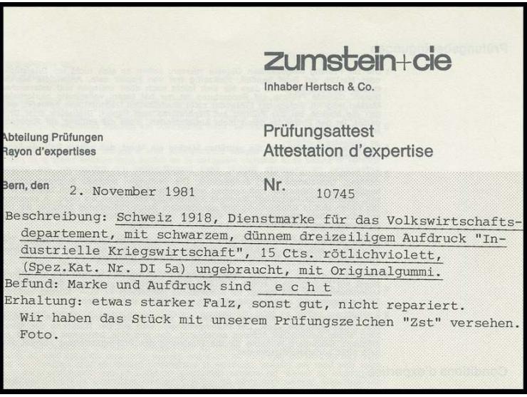 DIENSTMARKEN: 1918, Industrielle Kriegswirtschaft, dünner Aufdruck auf 15 C. rötlichviolett (Urmarke Mi.-Nr. 120d), ungebrauc