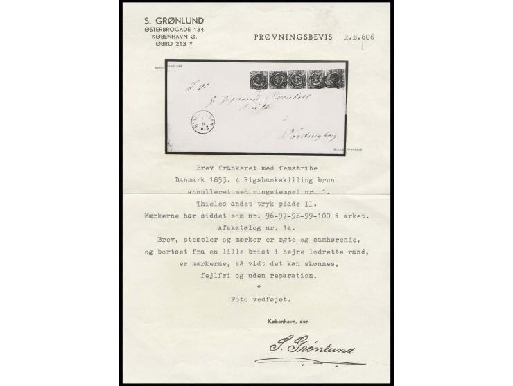 1851, FIRE R.B.S. brown, plate 2, horizontal strip of five, positions 96-100, good to wide margins and fresh colour, tied by 