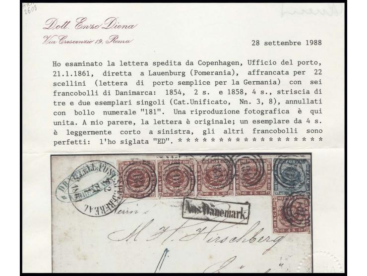 1855, 2 s. blue with 2 singles and strip of 3 1858, 4 s. orange-brown, tied by "181" to letter sheet from Copenhagen via Hamb
