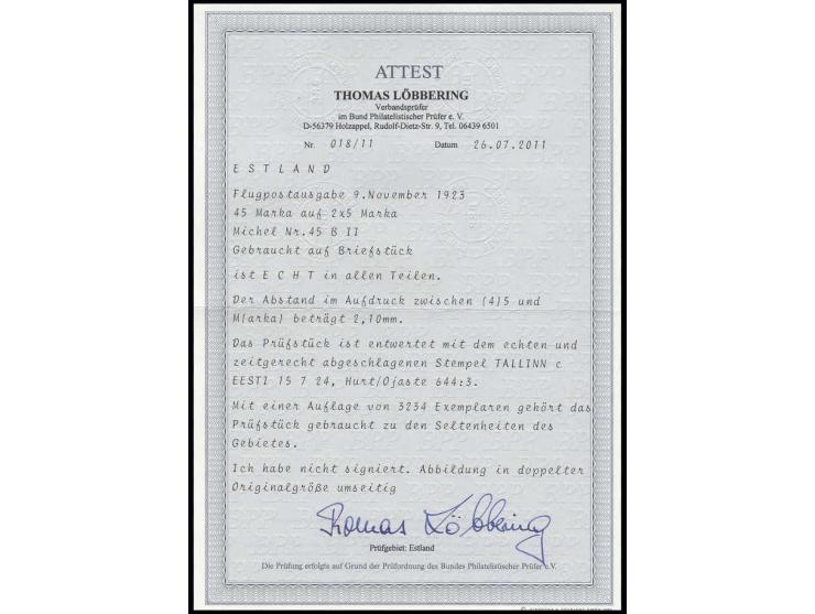 1923, airmail 45 m. in type II, used on piece "TALLINN 15.7.24", fine, certificate Löbbering BPP