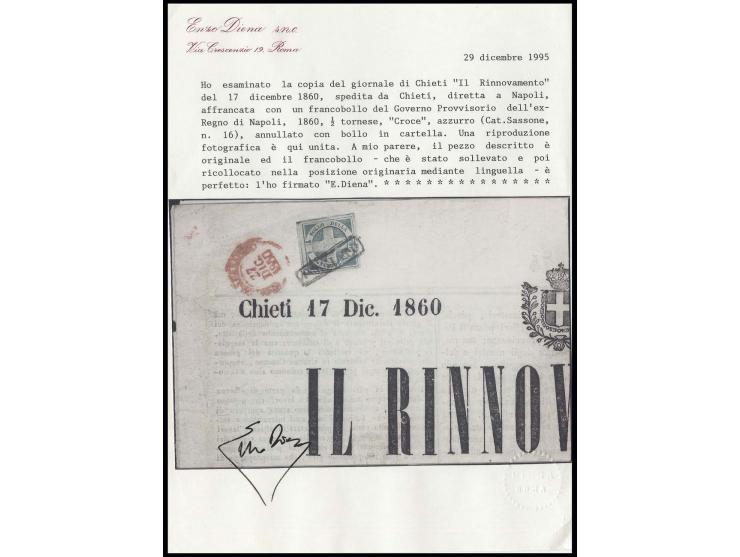 1860, 'Croce di Savoia' ½ t. blue, wide margins all around, tied by clear boxed "ANNULATO" to newsletter "IL RINNOVAMENTO" wi