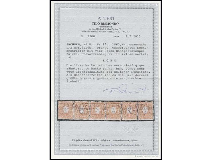 ½ Neugroschen orange im waagerechten 6er-Streifen mit mehrfach sauber aufgesetztem Bahnpoststempel "ZWICKAU=SCHWARZENBERG 25.