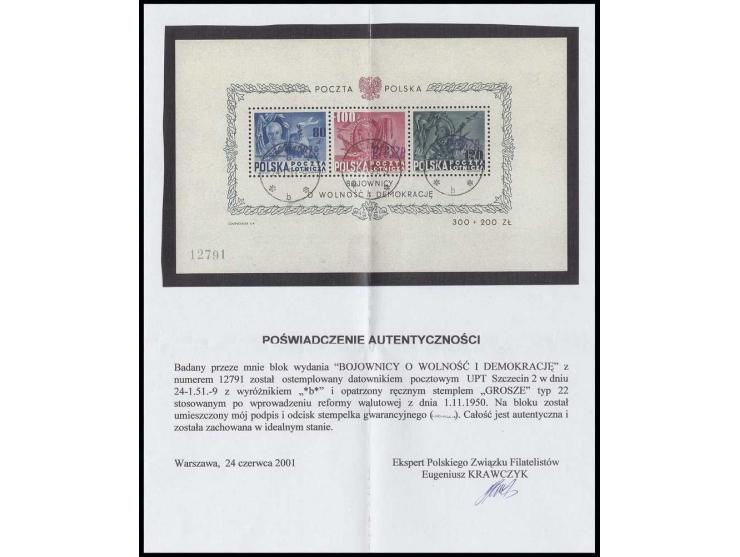 Roosevelt souvenir sheet with handstamp "GROSZY" in type 22, cancelled "SZCZECIN 24.1.51", sign. Krawczyk with certificate