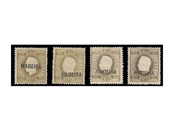 20 r. pale-brown, four singles, overprint types "A", "B" and "C", the latter in two different shades, unused, mostly fine