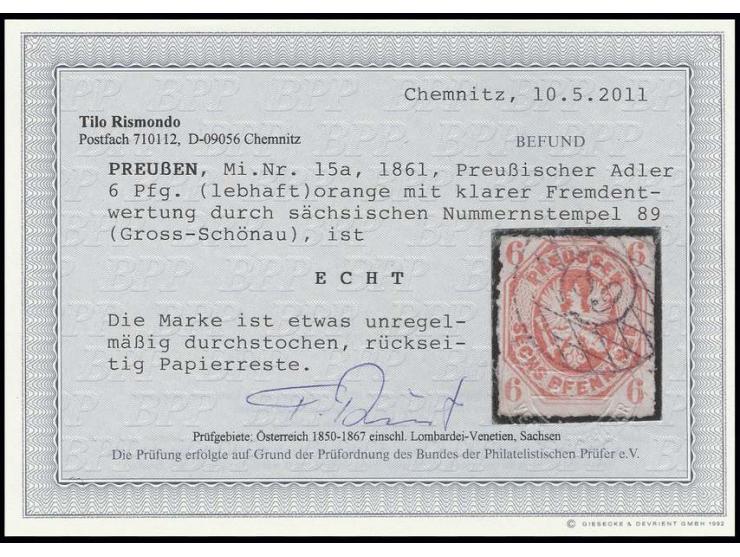 "89" GROSS-SCHÖNAU sauber auf Preußen Wappenausgabe 6 Pfennig orange, etwas unregelmäßig durchstochen, eine recht seltene Fre