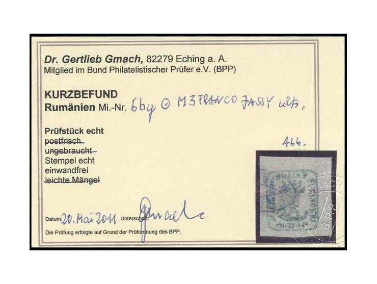 40 par. greenish-blue with wide margins all around, neatly cancelled by oval "FRANCO JASSY", very fine, opinion Dr. Gmach BPP