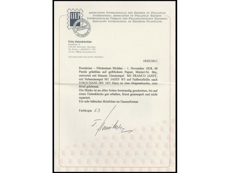 40 par. greenish-blue on yellowish paper, good to wide margins all around, tied by violet-blue "FRANCO JASSY" to lettersheet 