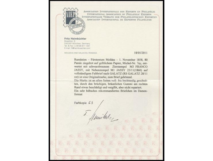 80 par. vermilion on yellowish paper, clear to wide margins, tied by brownish "FRANCO JASSY" with adjacent cds. "JASSY MOLDOV