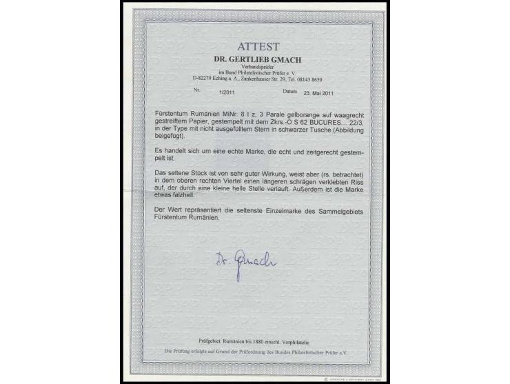3 par. orange on horizontally laid paper, wide to very large margins, neatly cancelled "BUCURESCI 22/3"; at right a tear of a