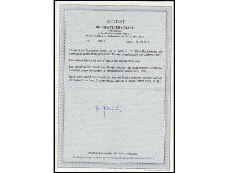 15 b. red on vertically laid paper, good to wide margins, unused o.g.; as usual some light creasing and sand grain hole backe