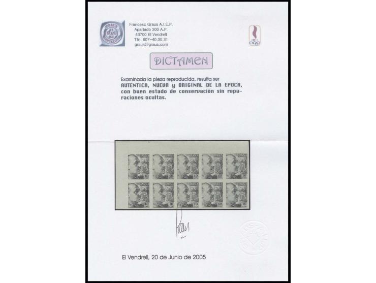 1939, Franco 10 c., imperforated colour proof in grey, horizontal block of 10 from the upper left sheet corner, ungummed, fin