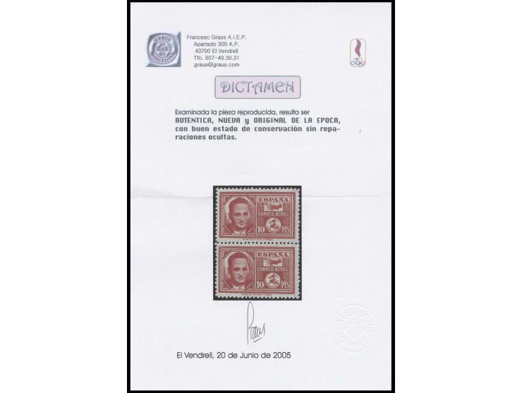 1945, Garcia Morato 10 pts. in unissued colour brownish-red, vertical pair, unhinged mint, opinion Graus