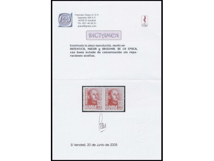 1948, General Franco 50 c., unissued colour rose-red, horizontal pair, unhinged mint, very fine, opinion Graus (Edifil-no. 10