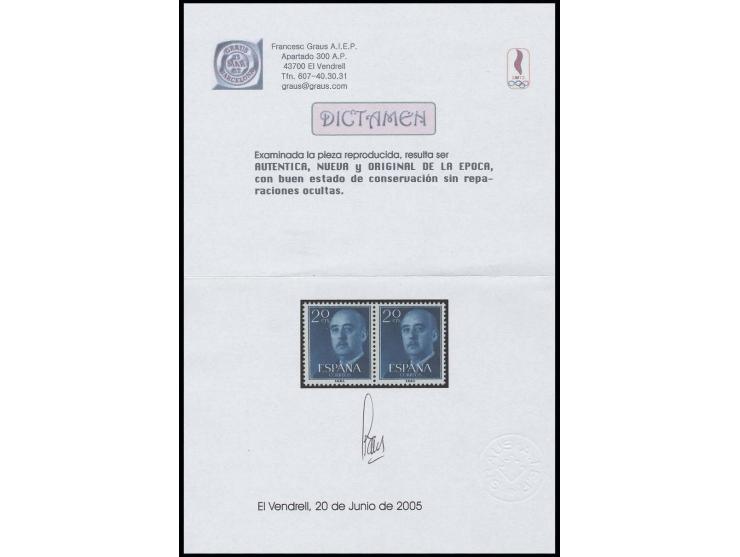 1955, General Franco 20 c. in unissued colour dark-greenish-blue, horizontal pair, unhinged mint, fine and scarce, opinon Gra