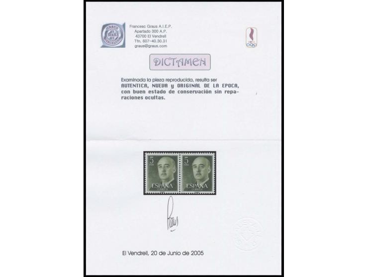5 pta. in unissued colour olive-green, horizontal pair, unhinged mint, fine and scarce, opinion Graus (Edifil-no 1160cc)