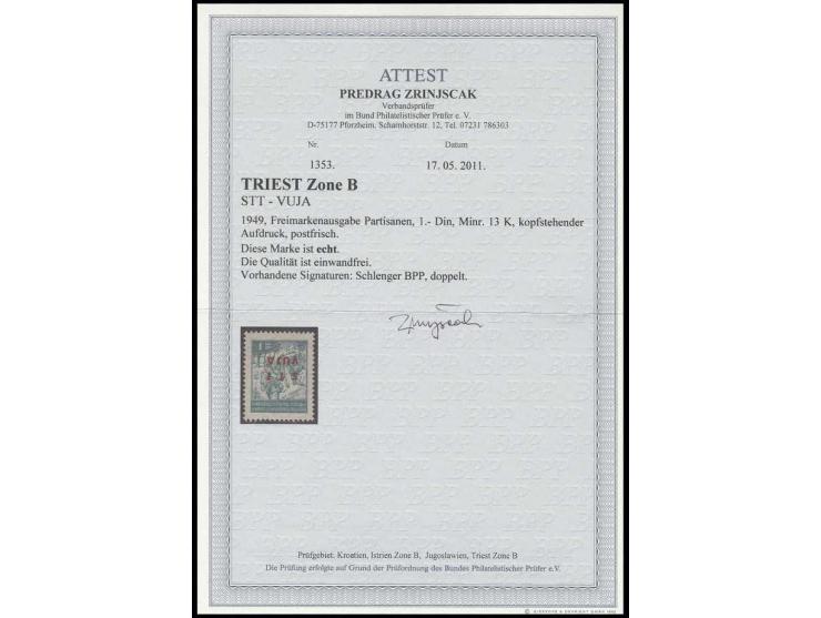 1949, definitive 1 din. with overprint inverted, unhinged mint, very fine, sign. Schlenger and certificate Zrinjscak BPP