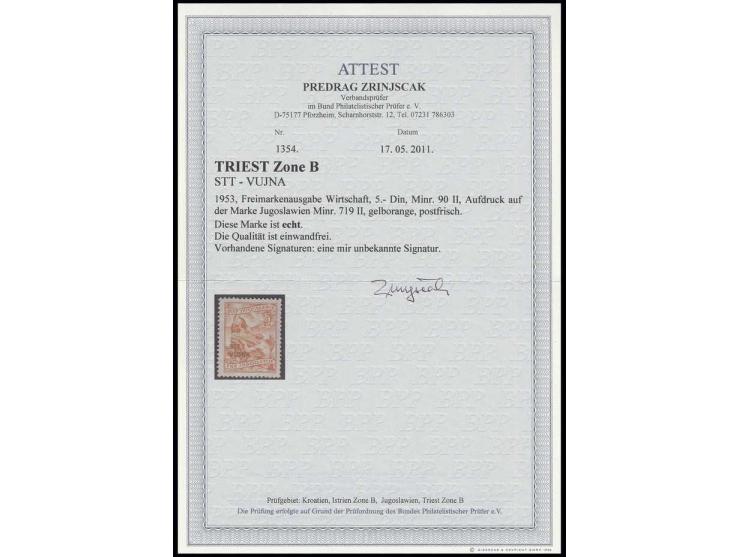 1953, definitive 5 din. in type II, unhinged mint, very fine, sign. Zumstein and certificate Zrinjscak BPP