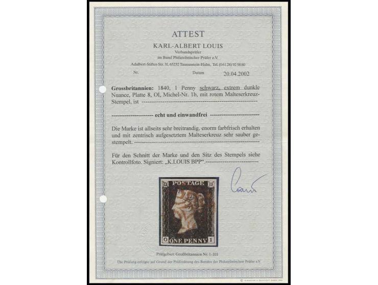 1 d. black, plate 8, OI, very deep colour and large even margins, neatly cancelled by clear red MC, extremely fine, certifica
