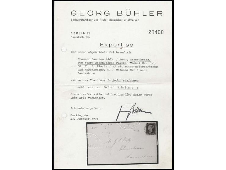 1 d. grey-black, plate 1A, FE, good to wide margins, tied by red clear MC to entire letter with adjacent "T.P. Holborn Bar", 