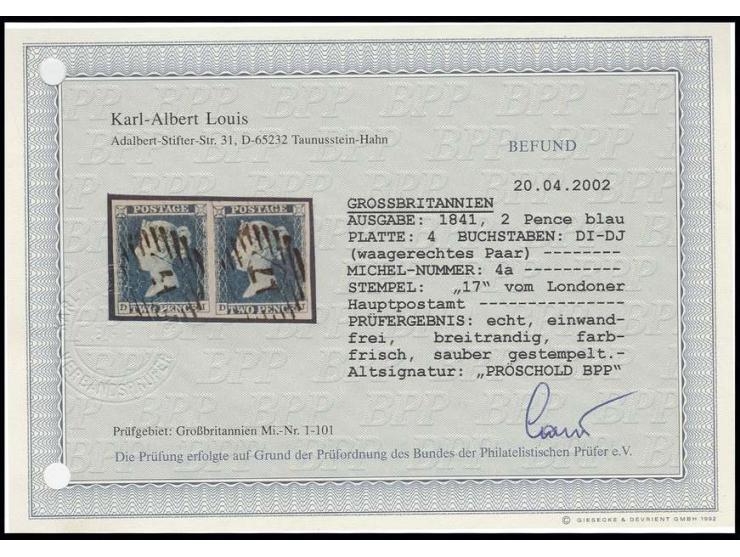 2 d. blue, plate 4, horizontal pair DE-DJ, cancelled by London-type "17", wide margins, very fine, opinion Louis BPP