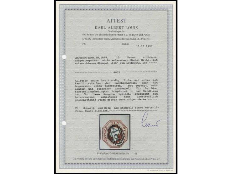 1847/54, embossed issue 10 d. brown, nice colour and enormous margins with parts of 2 adjoining stamps, neatly cancelled "466