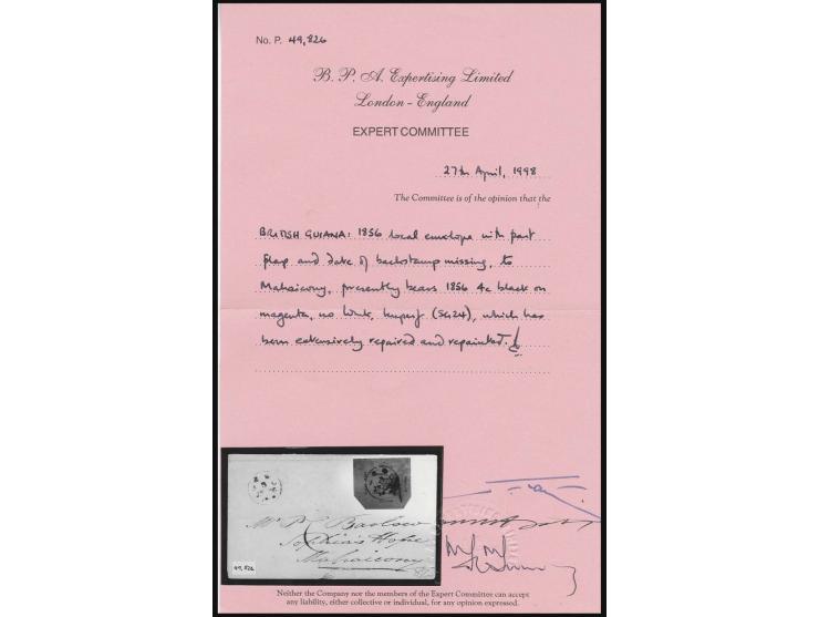 1856, 4 c. black on magenta pierced with datestamp "8 JN 56" with additional strike longside on local cover, part of back fla