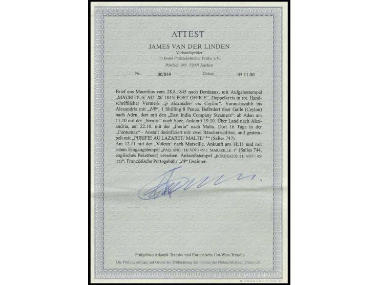 1845, letter sheet with part of contents with red double circle "MAURITIUS POST OFFICE AU 28 1845" via Galle (Ceylon), Aden, 